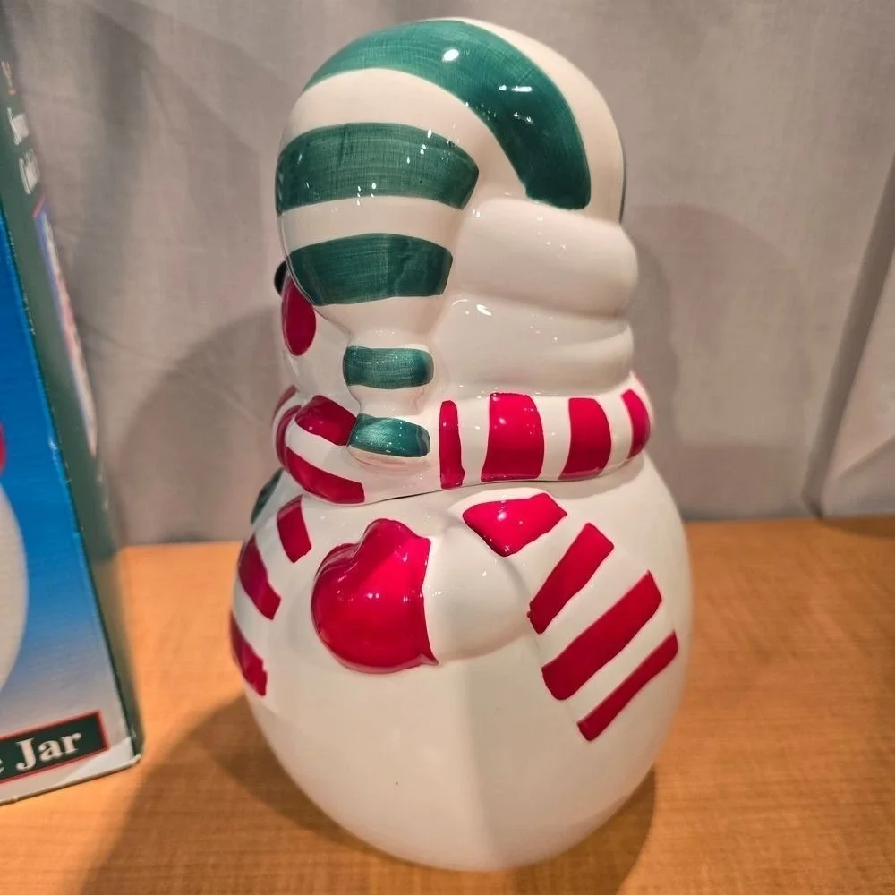 Snowman Ceramic Cookie Jar‎ Green Red Striped Hat & Scarf Original Box Christmas